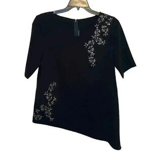 St John Black asymmetrical top with silver beading sz S